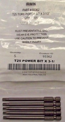 Irwin 93362 Torx Power Bit T25 1/4'' Hex Drive 3-1/2'' OAL 5pcs.