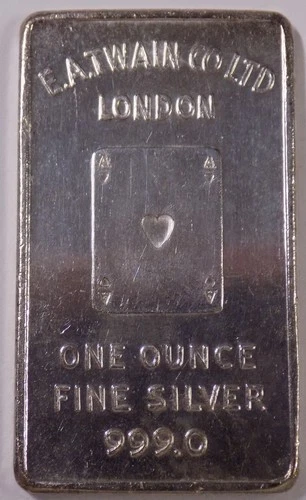 Ace of Hearts E.A.T.WAIN Co LTD London 1 troy oz .999 fine silver bar