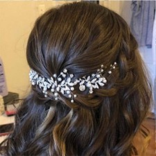 Crystal Bridal Headband Silver Rhinestone Leaves Wedding Hair Vine Pearls Bri...