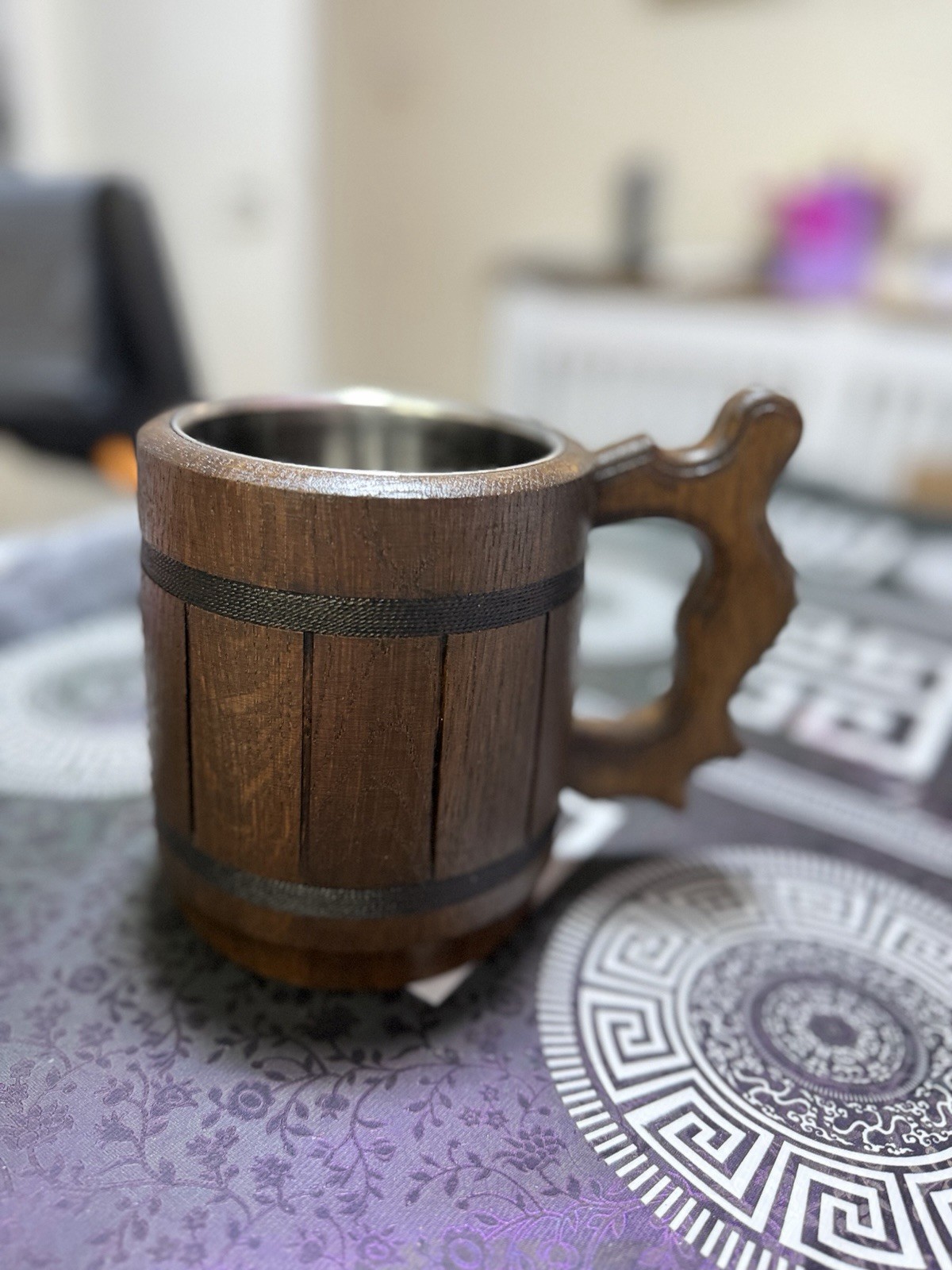 Beer Barrel Style Coffee Mug, Wood Grain Brown/Silver Stainless Steel Interior image 2