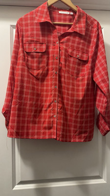 NOTATIONS Shirt Womens L Button Up Blouse Top Roll Tab Sleeve Red White Pockets