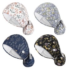 4 PCS Satin Lined Scrub Cap Women Nurse Surgical Hat Buttons Bouffant Tie Back