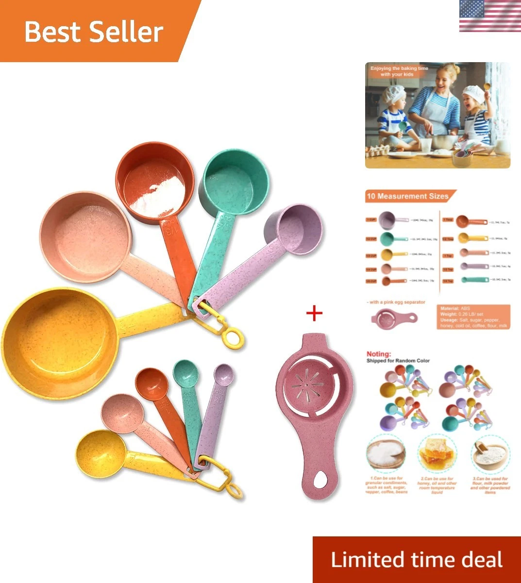 Plastic Measuring Cups and Spoons Set - 10 Pcs Colorful Kitchen Measuring Too...