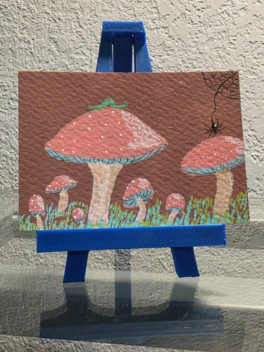 ACEO original painting, mushrooms, bugs, cottage core,Wyld Dog Art