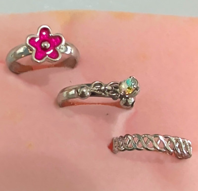 Avon Adjustable Toe Ring Set of 3 Silver/Pink Flower Band w/ Clear Stone