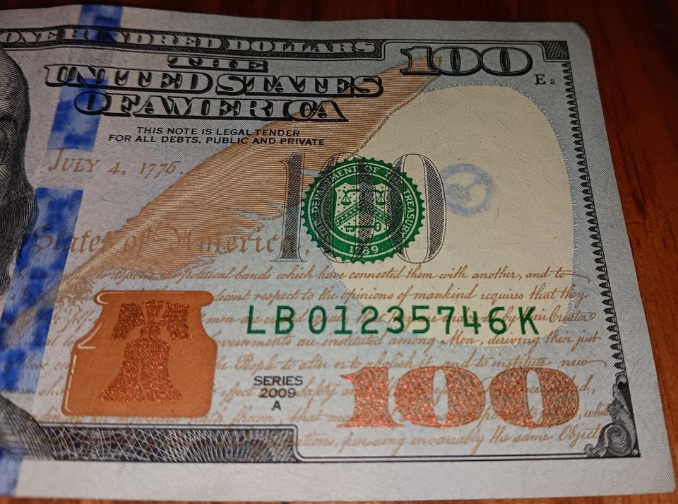 $100 Bill U.S. Currency Fancy Serial Number Mixed Ladder LB 01235746 K 2009A - Image 2 of 4