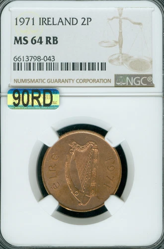1971 IRELAND TWO PENCE 2P NGC MS64 RB  MAC 90RD  *