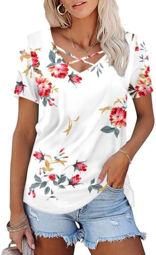 Women's Casual Summer V-neck Short Sleeve Tunic Top Criss Cross Comfort Blouse M