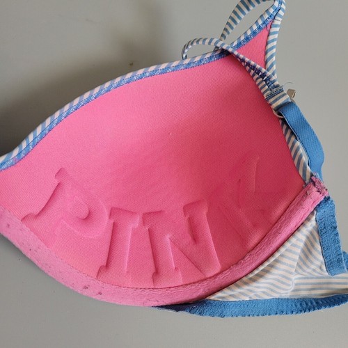 VICTORIA'S SECRET PINK Scoopneck BRA - sz 34D - Blue Striped - Picture 3 of 4
