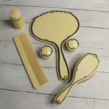 Vintage Celluloid Vanity Hair Brush Mirror Comb Powder Trinket Box Art Deco