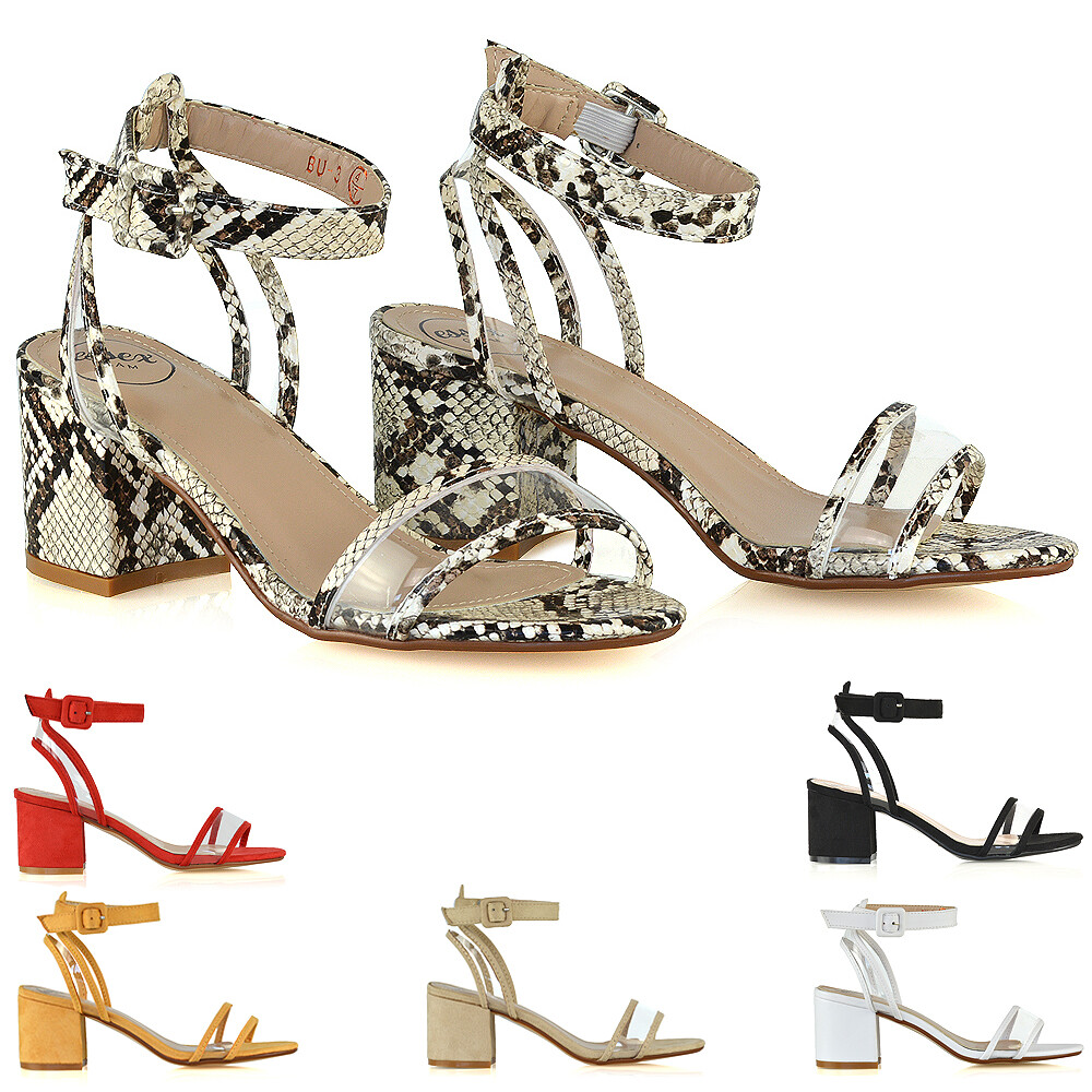Womens Low Block Heel Sandals Ladies Strappy Perspex Open Toe Buckle