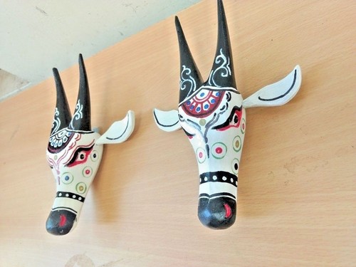 Wooden Cow Head Nandi Wall Sculpture Bull Mask Good Luck Statue Handmade Figure - Picture 2 of 10