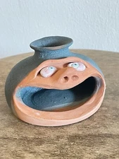 Lin Craven Wide Mouth Mini Face Jug #18 1999 Blue Orange Georia Pottery