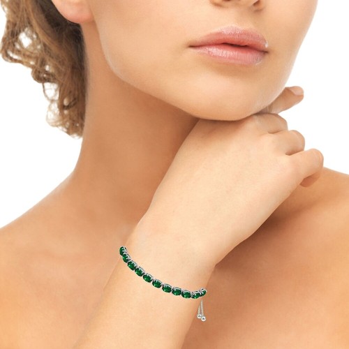 Oval-cut 7x5mm Simulated Emerald Adjustable Tennis Bracelet in Sterling Silver - Picture 2 of 3