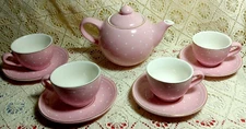 TEA SET F.A.O Schwarz 9 Piece Pink English Porcelain Set-Hand Painted Glaze
