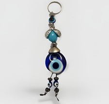 Rare Evil Eye Turquoise Bead Bag Charm Keychain Handpainted Silver Tone Beads