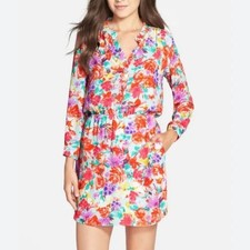 Charles Henry Women's Mini Floral Red Dress Long Sleeve V-neck Bohemian Size S