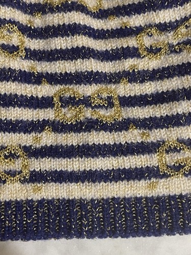Authentic Gucci GG Logo Knit Beanie Hat Navy Ivory Wool Italy Unisex Luxury - Picture 8 of 18