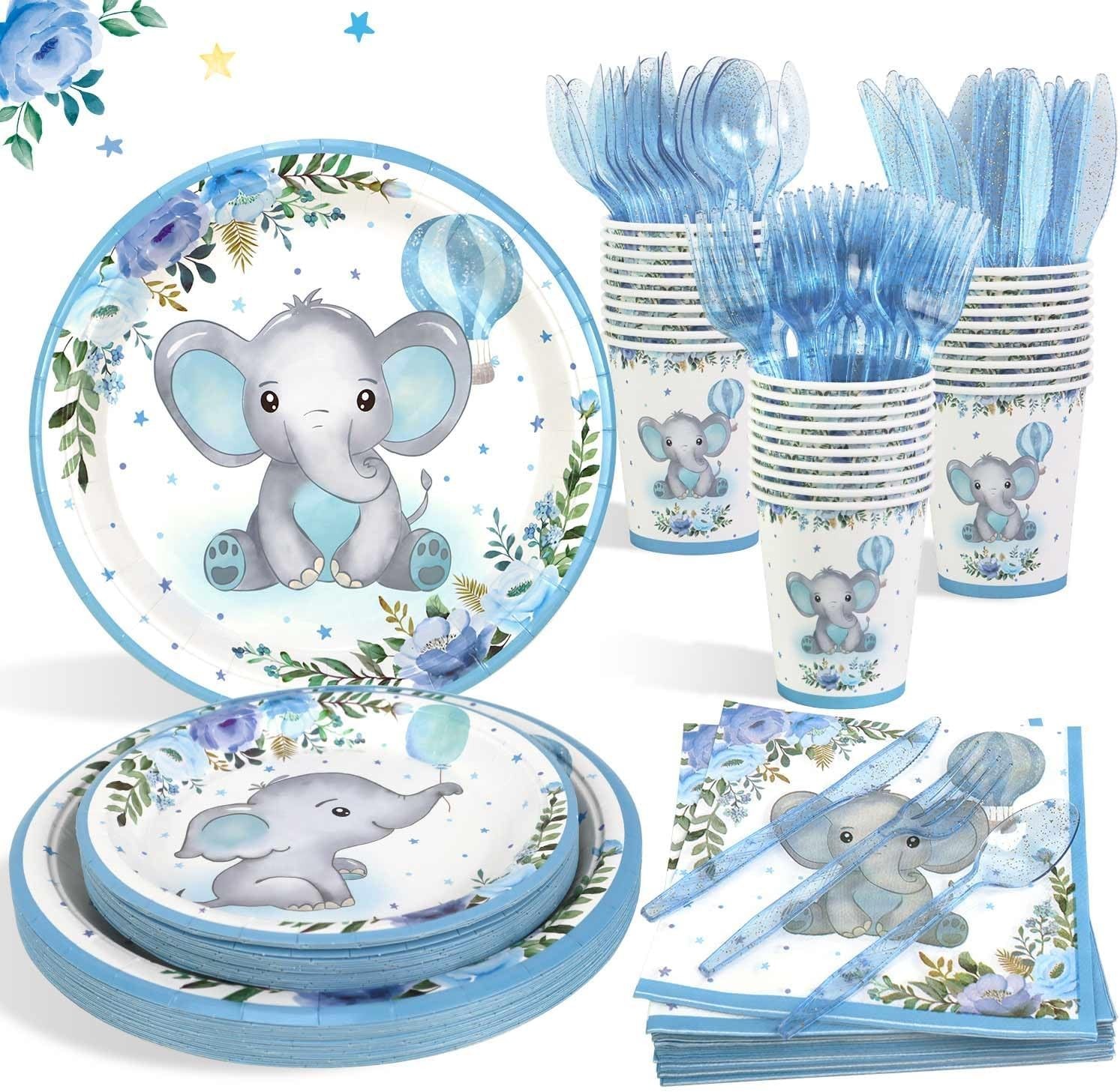175Pcs Baby Boy Shower Decorations Plates Set for 25 Guests, Elephant Baby Showe