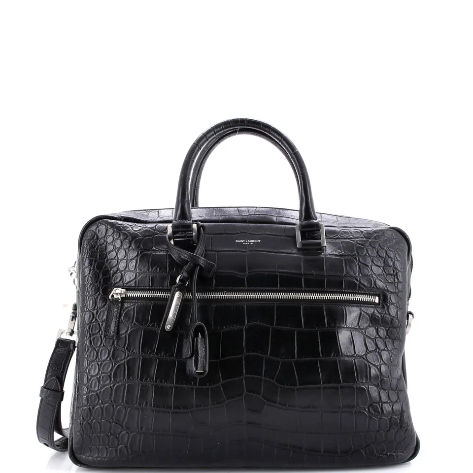 Saint Laurent Bold Briefcase Crocodile Embossed Leather