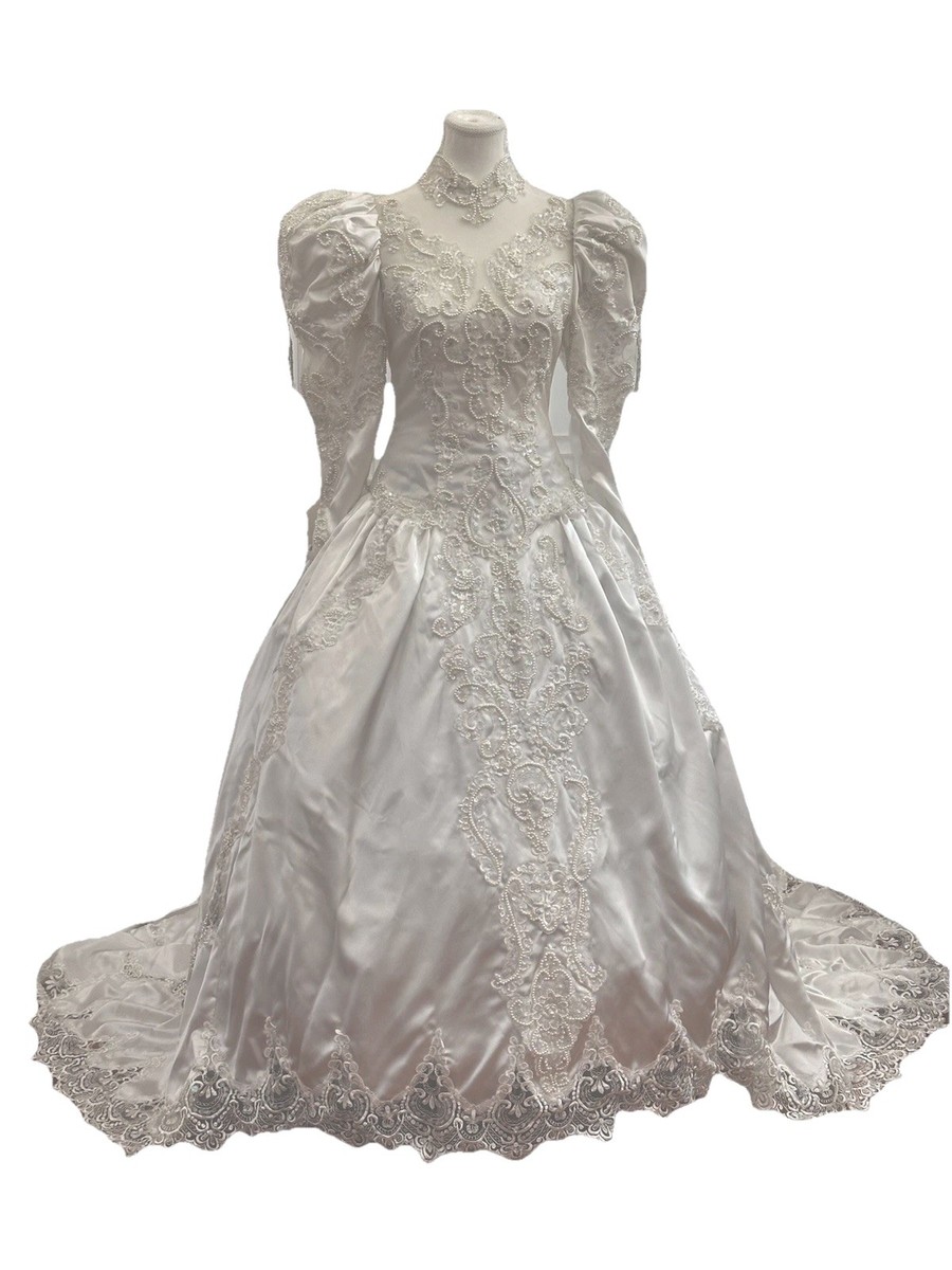 Vintage 90s Wedding Satin Beaded Puff Sleeve Gown Dress Cathedral Train S/M  | eBay