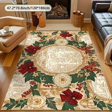1pc Vintage Floral Area Mat - Non-Slip Soft Washable Floor Mat with Elegant Red