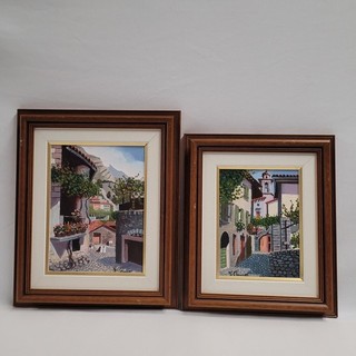 2 x Vintage Italian Village Landscape Oil Paintings On Canvas Signed Framed