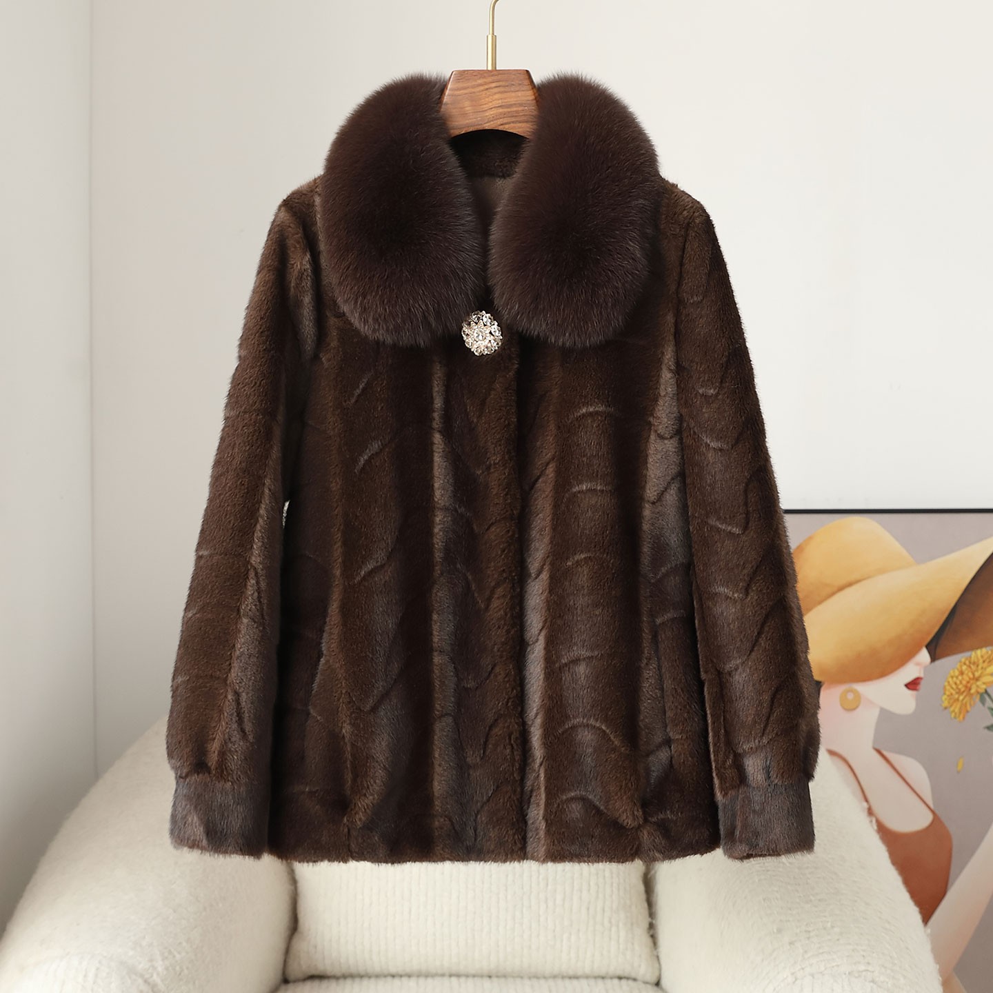 2026 Winter Mink Fur Coat Womens Real Fox Fur Collar Short Style Thicken Jacket
