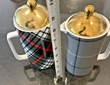 2 Threshold Porcelain Plaid Coffee Carafes Gold Lid 8.5” New Set of Two