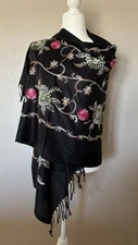 Black Embroidered Floral Sequin Pashmina Scarf Shawl Wrap 70 x 28"