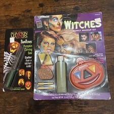 Vtg 90s Halloween Decor Lot Pumpkin Masters Carving Witch Makeup Kit Expired