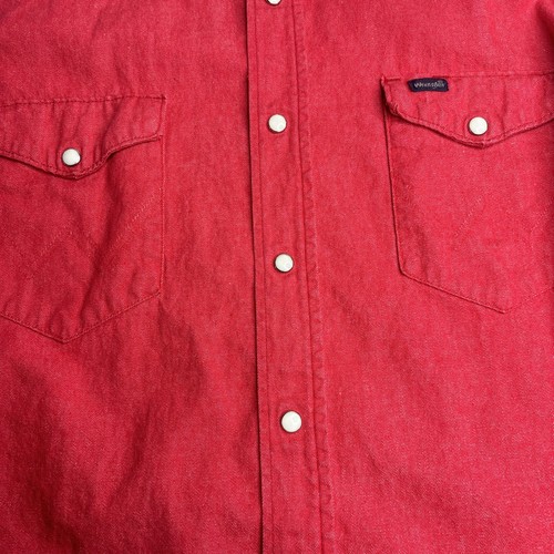 Wrangler Shirt Red LS Solid Western Pearl Snap Brushpopper VTG USA Made 16.5-35 - Picture 6 of 10