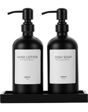 Black Glass Soap Dispenser Set Stainless Steel Pump Tray Labels