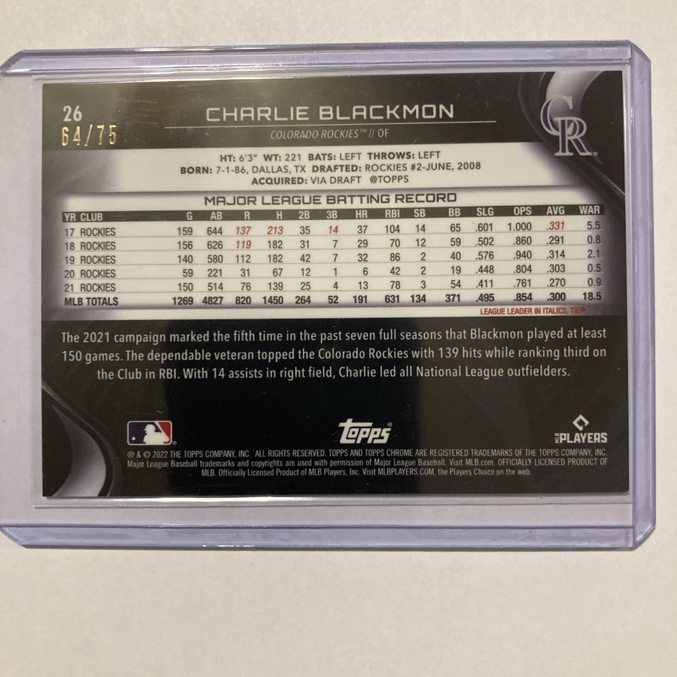 2022 Topps Chrome Black /75 Blue Refractor #26 Charlie Blackmon Rockies - Image 4 of 4