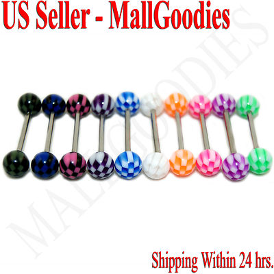 W064 Acrylic Tongue Rings 14G Bar Barbell Checkered Pattern Design 5/8'' Lot 10