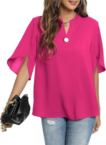 Women's Summer Tops Short Sleeve Casual Shirts V Neck Chiffon Dressy Blouse Tops - Picture 31 of 138