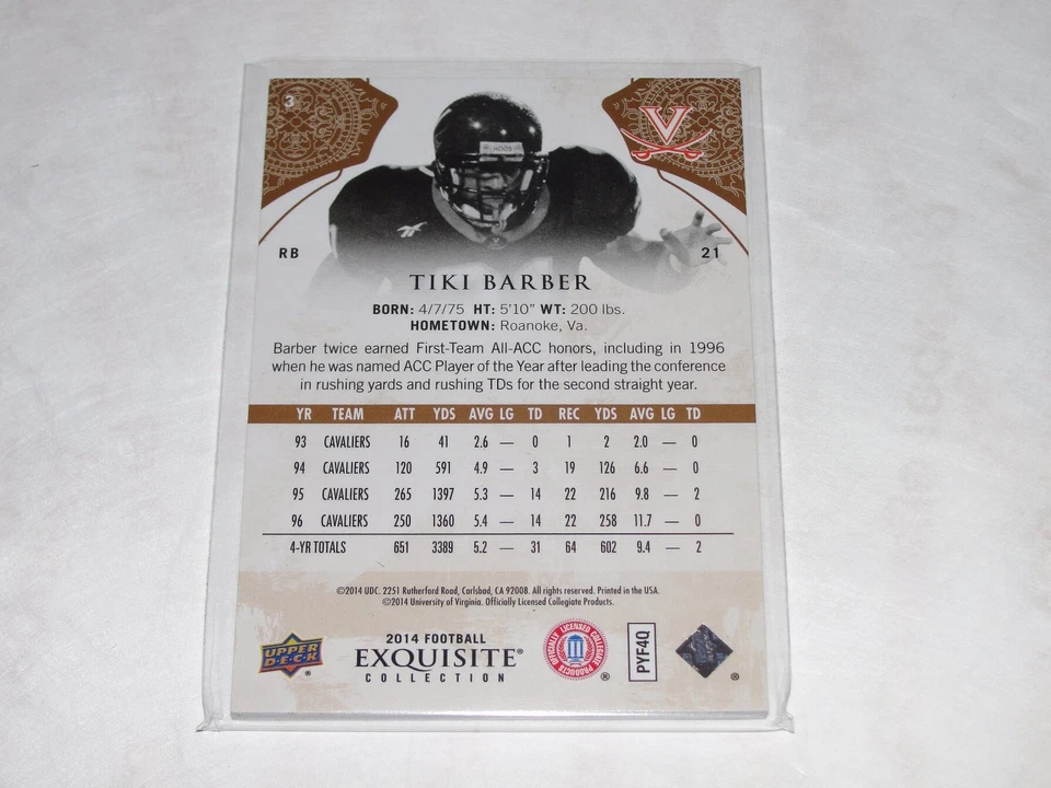 2014 Exquisite TIKI BARBER #3 College Gold/75 Virginia CAVALIERS New York GIANTS - Image 2 of 2