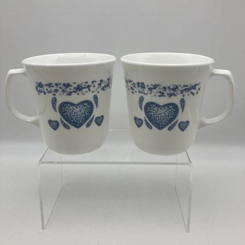 Vintage CORNING Ware USA Blue & White Hearts Coffee Tea Mugs Cups, 8 oz SET OF 2