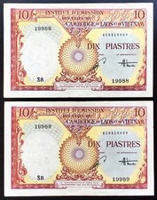 LOT 2 PCS FRENCH INDOCHINA 10 PIASTRE 1953 P.107 Continuous serial number