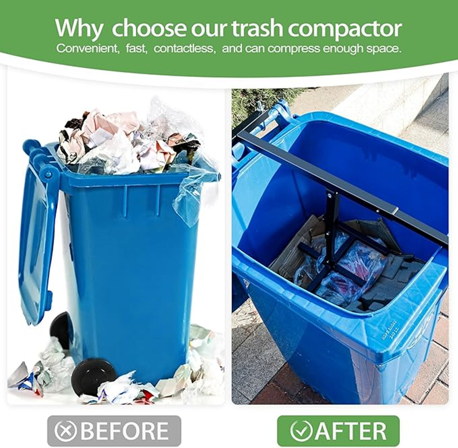 Steel Manual Trash Compactor for 30-170 Gallon Wheelie Bins Adjustable Handle