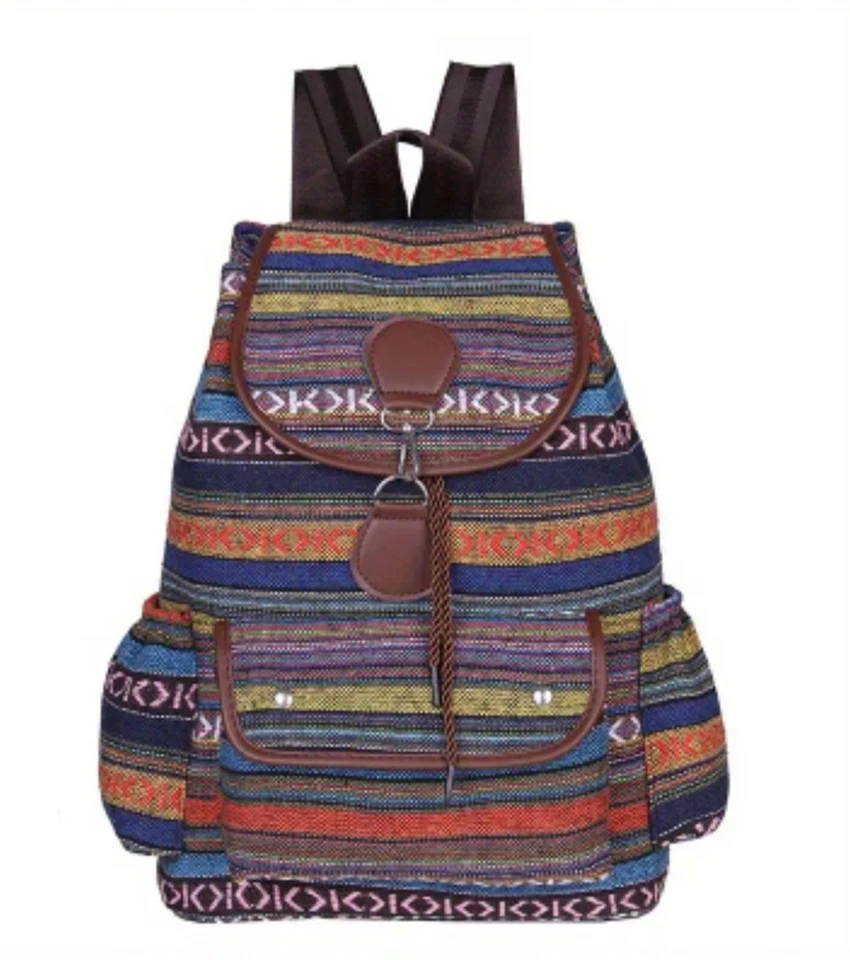 Large Multicolour Striped Patterened Boho Festival Womens Mens Backpack Rucksack - Image 2 of 4