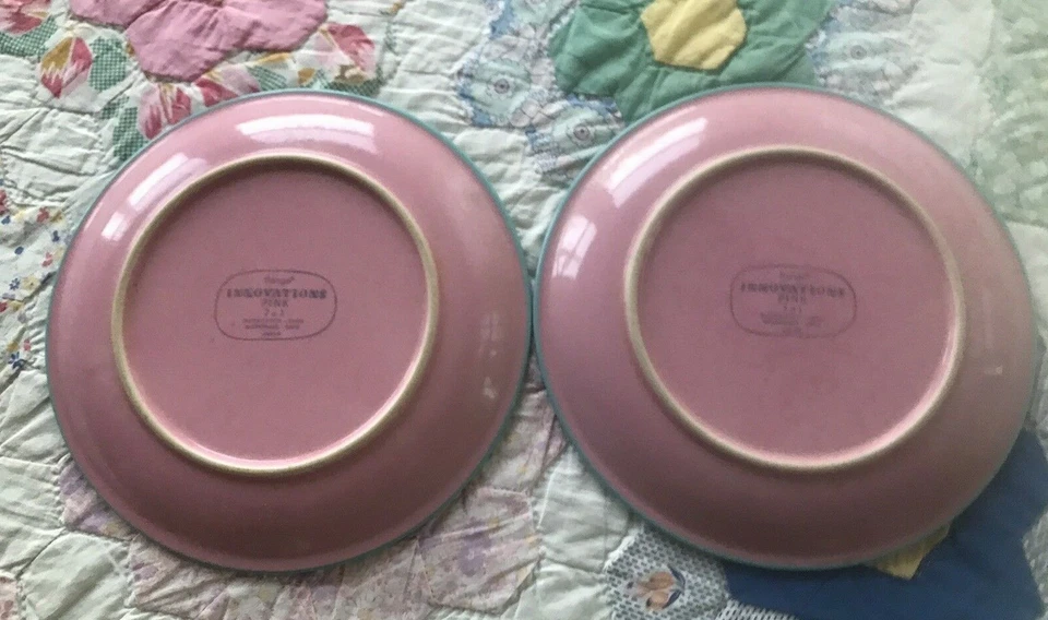 Sango Innovations Stoneware 2 Pink 7.5" Salad or Dessert Plates Turquoise Rims - Image 3 of 4