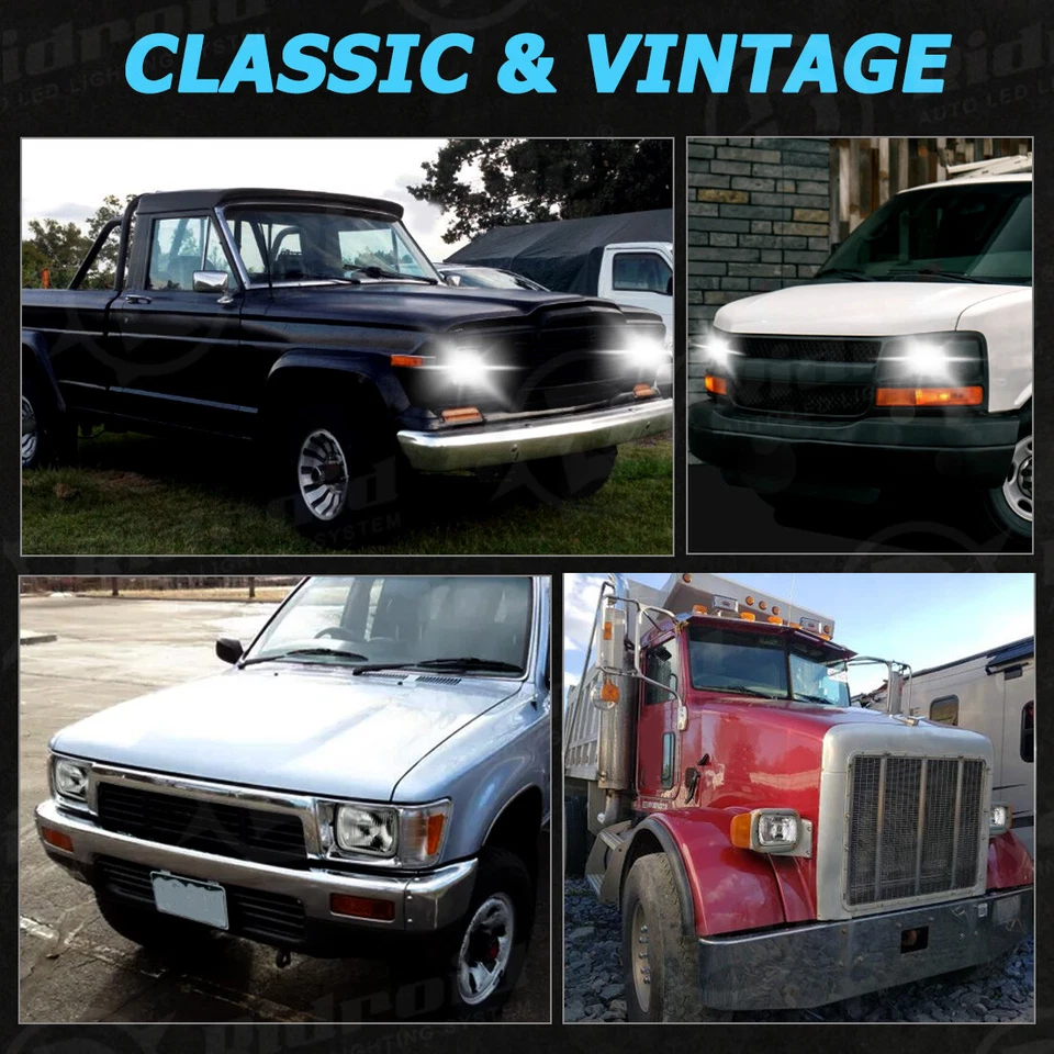 7X6 Stock Style Glass Lens Headlight Metal Headlamp H4 LED Headlight Bulbs Pair - Image 4 of 4