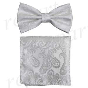 New formal Men's micro fiber Pre-tied Bow Tie & Hankie white paisley wedding New formal Men's micro fiber Pre-tied Bow Tie & Hankie white paisley wedding
