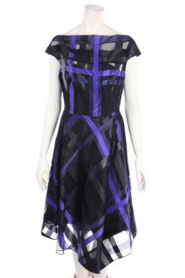 Lela Rose Cocktail Dress Silk Checked 6 = D 40 indigo blue black NEW