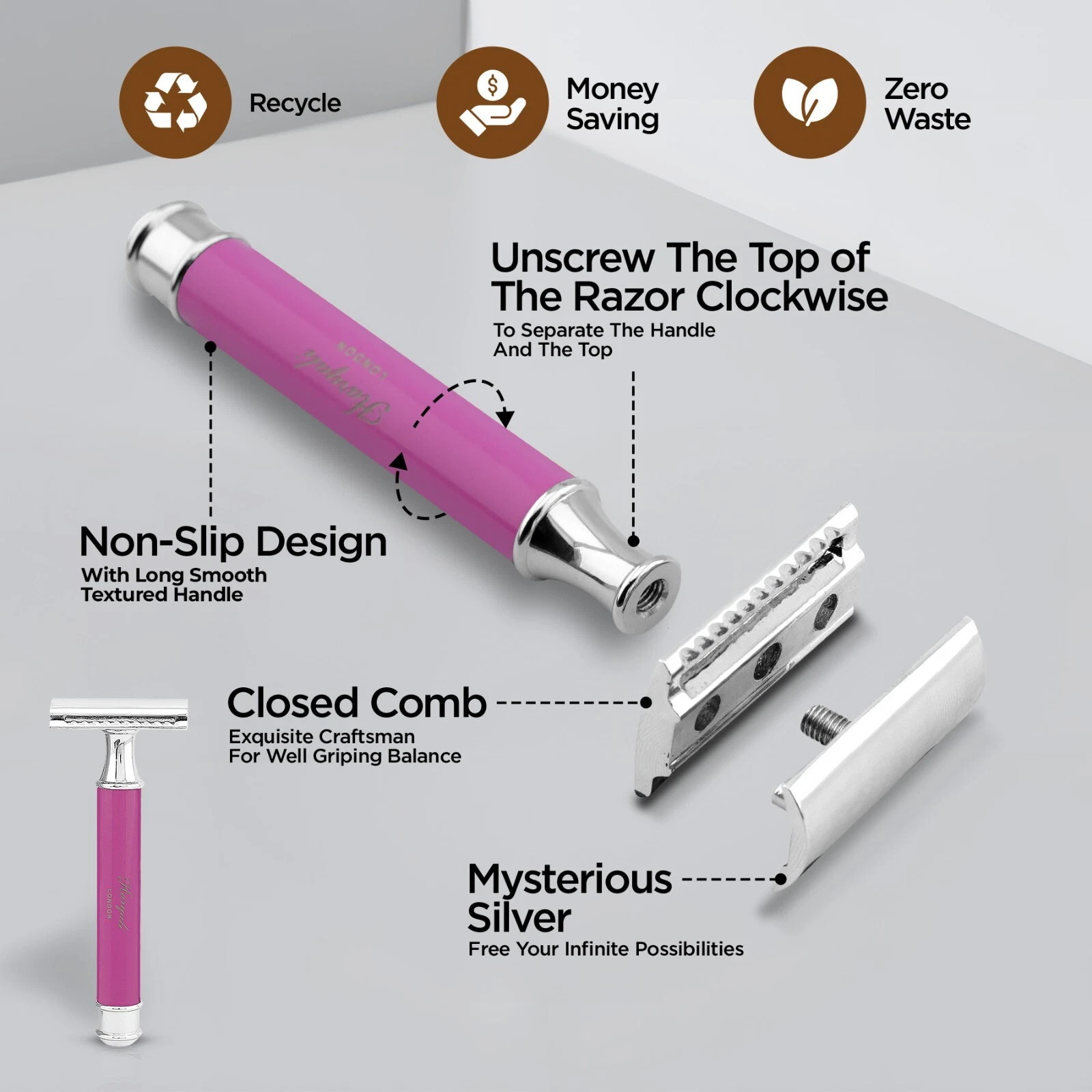 Haryali Double Edge Safety Razor for Men and Women, Sleek Metal Handle, Pink - Picture 2 of 9