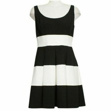 RALPH LAUREN Black Ivory Stripe Stretch Gabardine Fit Flare Sleeveless Dress 14P