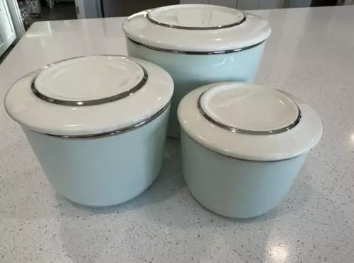 Vintage Universal Ballerina Mist Blue Platinum Trimmed Lidded Refrigerator Bowls
