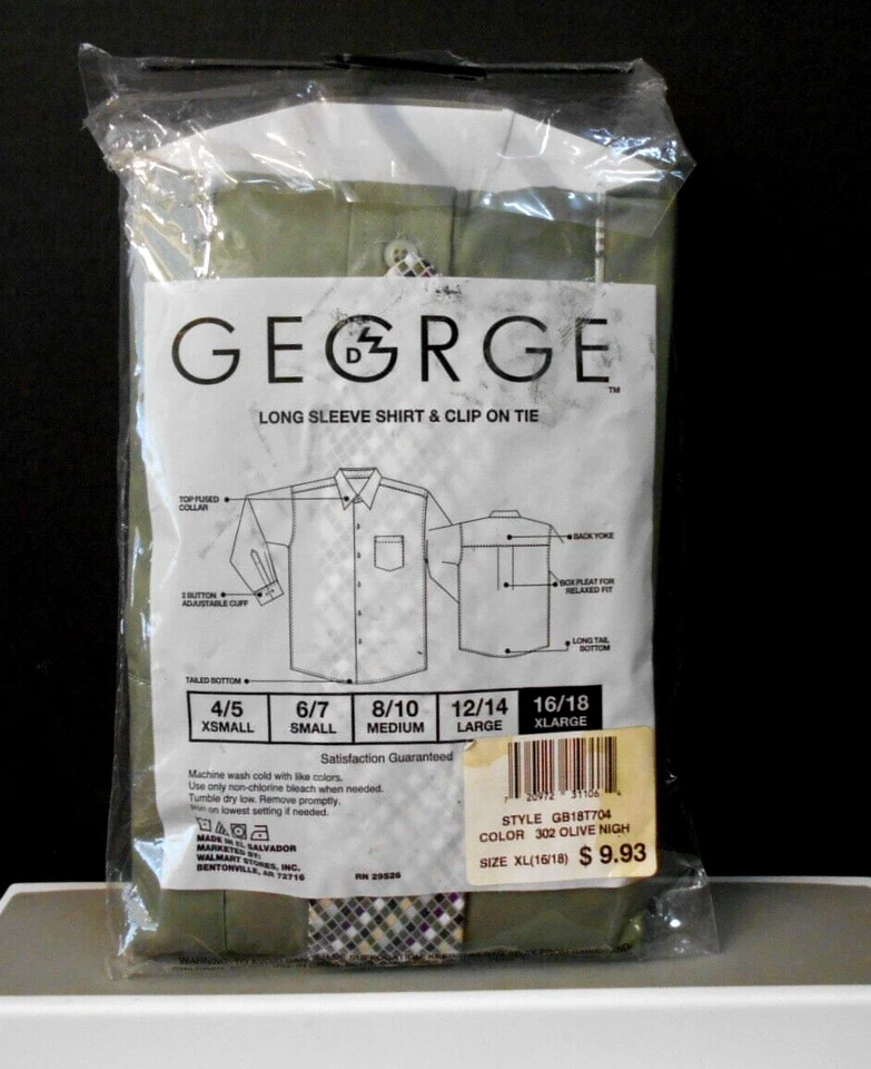 Camisa de vestir XL para niños manga larga con clip en lazo George verde liso Foto 2 de 3