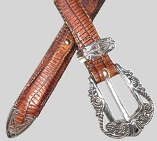 Brighton Leather Narrow Belt Snakeskin Silver Filagree Buckle End Tip 31-35" Adj